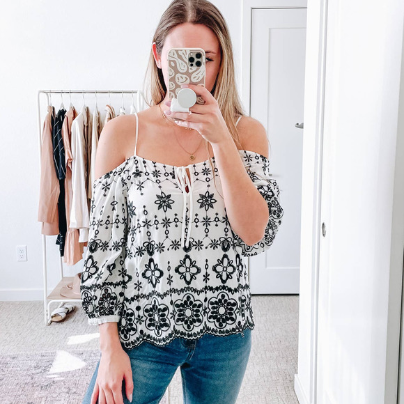 DEVLIN Revolve White Black Floral Embroidered Off Shoulder Top - Picture 1 of 11